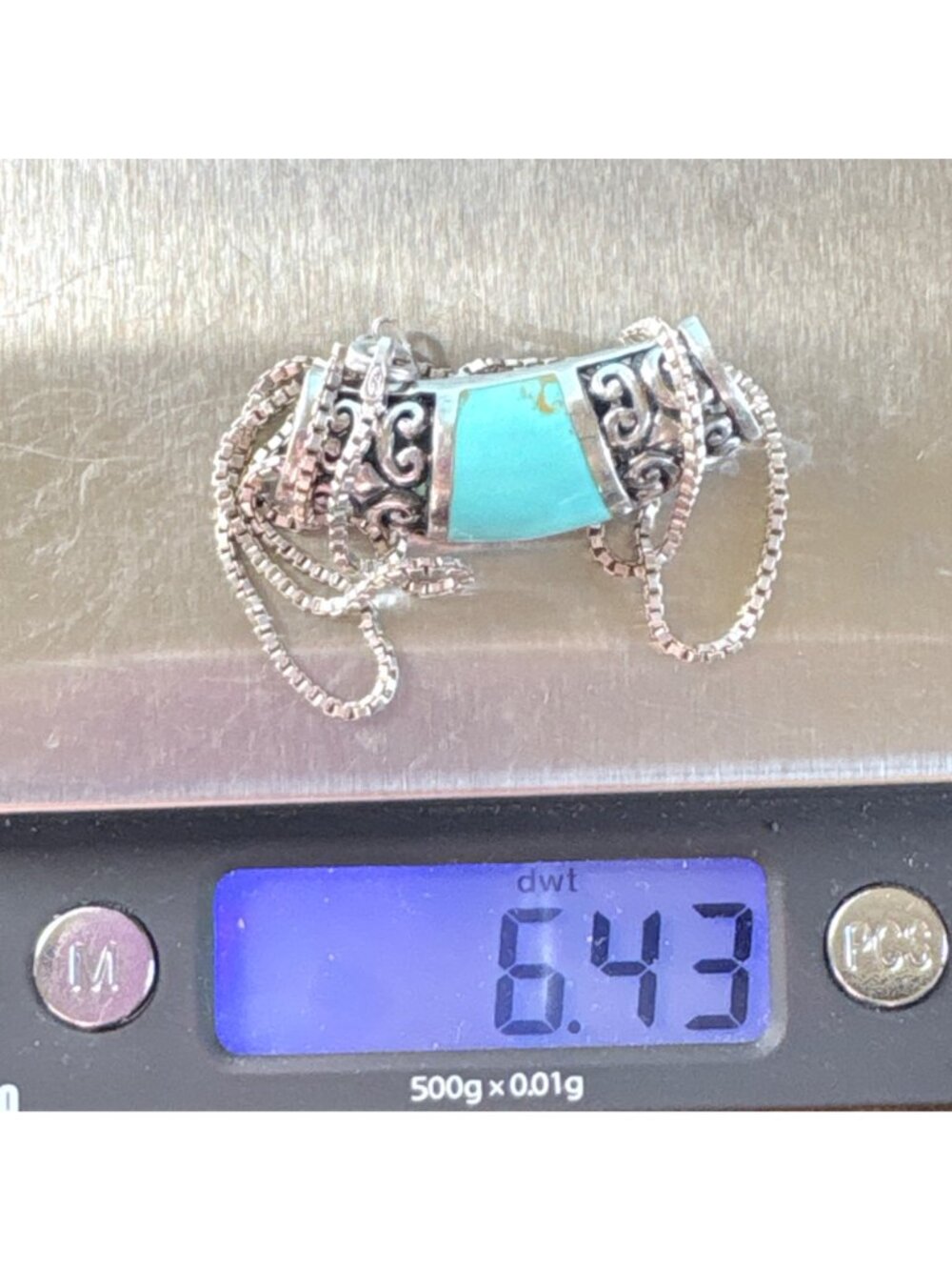 Turquoise & Sterling Silver 925 Scroll Slide Pendant Necklace Size 18" Length - Picture 13 of 13